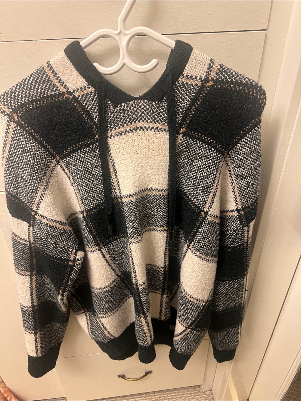Men's Black and Cream Plaid Knit Hoodie Sweater